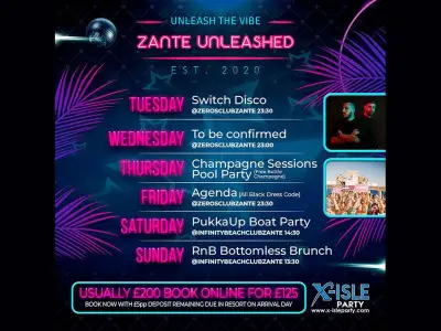 Zante Unleashed Package @ Infinity Beach & Zeros Clubs Zante - Switch Disco, Champagne Sessions Pool Party, Agenda - All Black Dress Code, PukkaUp Boat Party, RnB Bottomless Brunch