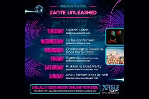 D K TRAVEL - Zante Unleashed Package @ Infinity Beach & Zeros Clubs Zante - Switch Disco, Champagne Sessions Pool Party, Agenda - All Black Dress Code, PukkaUp Boat Party, RnB Bottomless Brunch