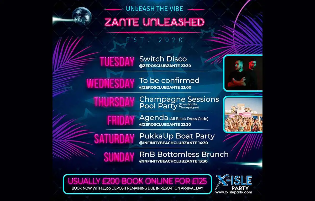 Zante Unleashed Package @ Infinity Beach & Zeros Clubs Zante - Switch Disco, Champagne Sessions Pool Party, Agenda - All Black Dress Code, PukkaUp Boat Party, RnB Bottomless Brunch