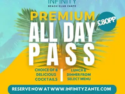 D K TRAVEL - Infinity Premium All Day Pass @ Infinity Beach Club Zante